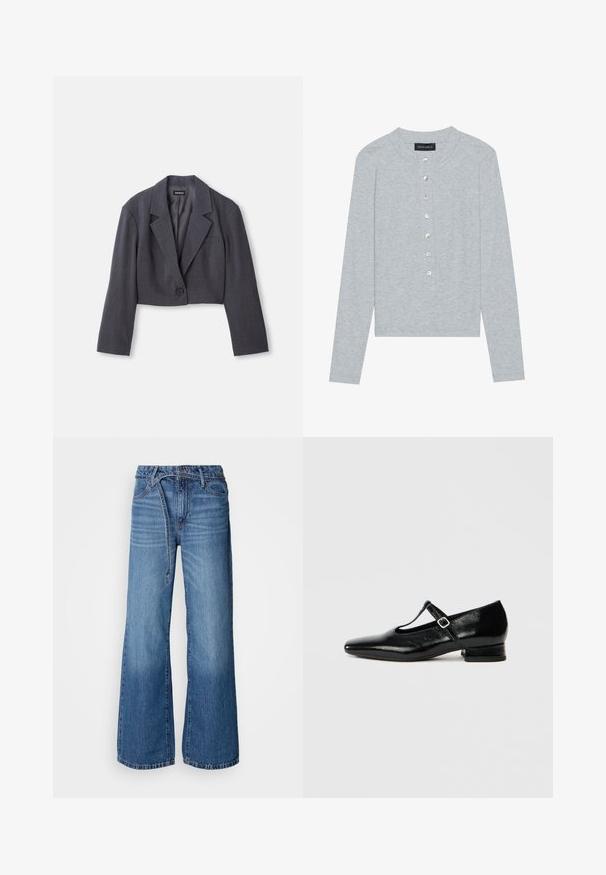 Blazer court gris foncé avec un col structuré, fermeture à un bouton et manches longues. Texture légère avec un détail de poche avant.; Cardigan gris à manches longues en tissu côtelé, présentant un col rond et six boutons frontaux avec une légère brillance.; Jean large bleu clair en denim. Présente une taille haute, des coutures visibles et une ceinture à nouer. Texture décolorée vers le bas.; Chaussures Mary Jane en cuir noir avec bout pointu, petit talon carré et bride ajustable avec une boucle argentée. Texture lisse et brillante.