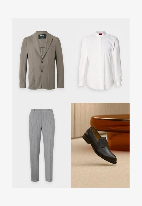 Veste pour homme couleur taupe avec revers crantés, deux boutons à l'avant, deux poches plaquées et une poche poitrine, étiquette BOSS à l'intérieur du col.; Chemise blanche à manches longues avec un col montant, en coton. Comprend une patte de boutonnage à l'avant, un design minimaliste et un marquage subtil sur le col intérieur.; Pantalon gris à fines rayures avec une coupe ajustée, devant plat et poches latérales. Confectionné dans un tissu lisse avec un léger éclat.; Mocassin en cuir noir à talon bas flottant au-dessus d'un sol moquetté beige près d'une table ronde marron.