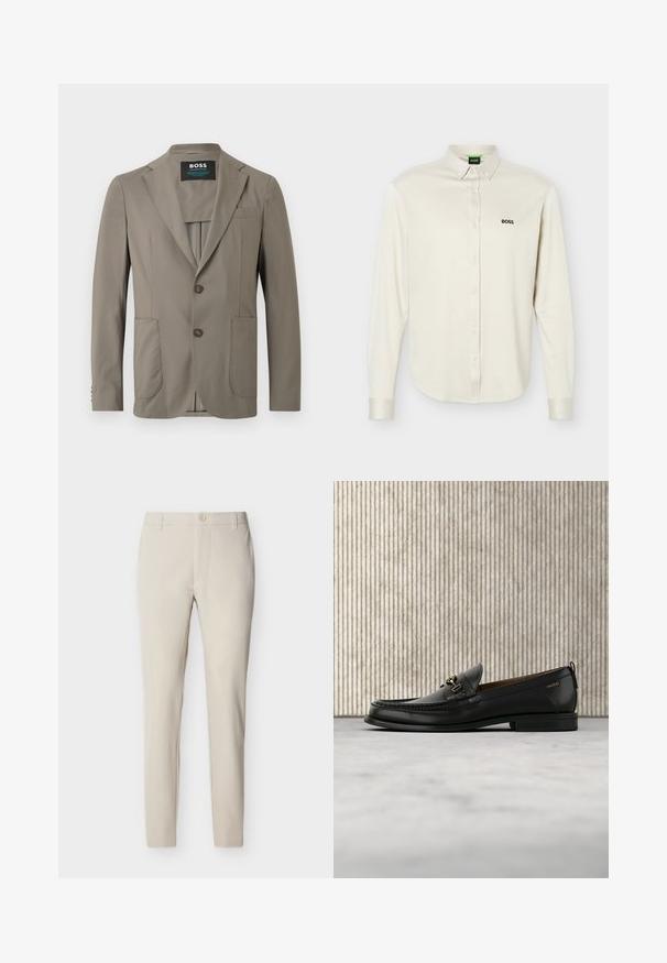 Veste pour homme couleur taupe avec revers crantés, deux boutons à l'avant, deux poches plaquées et une poche poitrine, étiquette BOSS à l'intérieur du col.; Chemise blanche à manches longues avec col, logo noir "BOSS" sur le côté gauche de la poitrine, et poignets à boutons, présentée sur un fond uni.; Pantalon beige sur mesure en tissu lisse. Comprend une fermeture à boutons sur le devant, des passants pour ceinture et des jambes fuselées. Design minimaliste sans motifs.; Mocassin en cuir noir avec mors en métal doré et logo "HUGO", présenté sur un tapis beige et un meuble translucide marron.