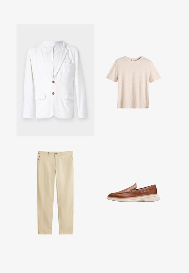 Blazer blanco de lino con solapa, cerradura de un botón, dos bolsillos frontales y un bolsillo en el pecho izquierdo. Tejido sutilmente texturizado.; Camiseta beige de algodón de manga corta con cuello redondo, diseño sencillo y etiqueta de marca visible dentro del cuello.; Pantalones beige de algodón, con corte recto, bolsillos delanteros, cierre de botón y una textura sutil.; Mocasín marrón de piel tipo slip-on con suela gruesa de goma blanca, detalles cosidos y tacón bajo, mostrado de lado sobre fondo blanco.