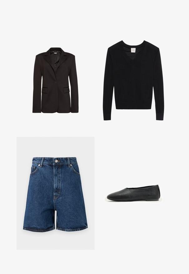 Sort skræddersyet blazer lavet af glat stof, med en hakket krave, enkelt knaplukning og to forlommer. Enkel design.; Sort langærmet V-hals sweater med ribstrikkede ærmekanter og kant, mærket Calvin Klein ved halsudskæringen.; Blå denimshorts med højtaljet snit, forrest med knap, lynlås, bæltestropper og forlommer mod en ensfarvet baggrund.; Sort læderflad sko med rundet tå og lav hæl, designet til afslappet eller formelt brug.