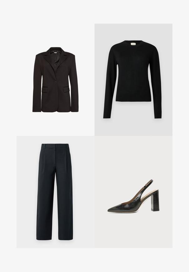 Sort skræddersyet blazer lavet af glat stof, med en hakket krave, enkelt knaplukning og to forlommer. Enkel design.; Sort strikket sweater med rund halsudskæring, lange ærmer og en slank pasform, der har en glat struktur og minimal detaljer.; Sorte skræddertræksbukser med lige ben-design, der har frontfolder, en glat tekstur og bæltestropper. Ingen synlige lommer.; Sort læder peep-toe slingback sko med høj blokhæl og beige indvendig foring mod en ensfarvet lys baggrund.