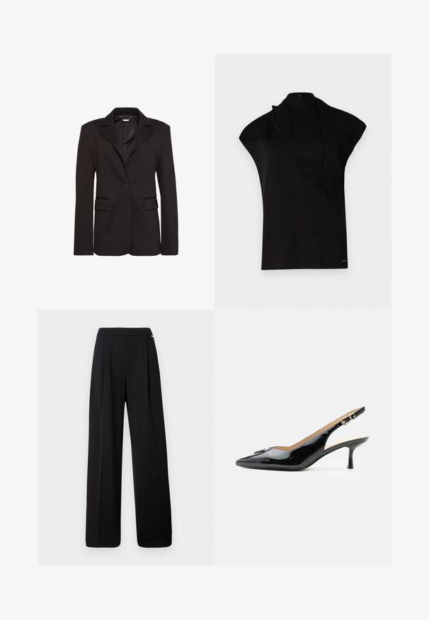 Sort skræddersyet blazer lavet af glat stof, med en hakket krave, enkelt knaplukning og to forlommer. Enkel design.; Sort, højhalset top med korte ærmer, der har et asymmetrisk design og et langt halsbånd. Lavet af glat stof med et minimalistisk udtryk.; Sorte bukser med høj talje og vide ben, der har forreste sømme og en glat taljebånd, vist mod en hvid baggrund.; Sort patentlæder slingback hæl med spids tå, lille kitten hæl og sølvspænde på en ensartet hvid baggrund.