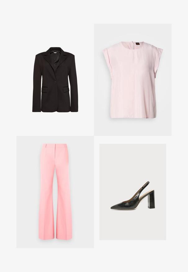 Sort skræddersyet blazer lavet af glat stof, med en hakket krave, enkelt knaplukning og to forlommer. Enkel design.; Lyserød, kortærmet top med rund halsudskæring og en subtil glans. Har en lynlås på bagsiden og en afslappet pasform. Glat tekstur.; Lyserøde vidde bukser med skræddersyet design, der har en flad front og pænt pressede folder. Glat stof og høj talje.; Sort læder kvindesko med slingback, spids tå og tyk blokhøj hæl på hvid baggrund.