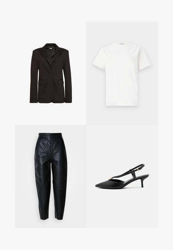 Sort skræddersyet blazer lavet af glat stof, med en hakket krave, enkelt knaplukning og to forlommer. Enkel design.; Hvid T-shirt med korte ærmer og rund hals med et lille, diskret præglogo på brystet, vist på ensfarvet baggrund.; Sorte højtaljede smalle læderbukser med lynlås foran og syninger ved knæene på en ensfarvet hvid baggrund.; Sort læder slingback kitten heel med spids tå, slank T-rem, justerbar spænde og lille guldfinish på remmen.