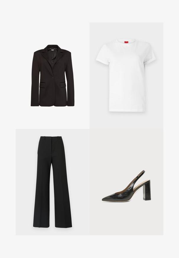 Sort skræddersyet blazer lavet af glat stof, med en hakket krave, enkelt knaplukning og to forlommer. Enkel design.; Hvid kortærmet t-shirt lavet af letvægts bomuld. Har en rund halsudskæring og rullede ærmer. Rød logoetiket på kraven.; Sorte buks med vide ben og skræddersyet design, der har en glat tekstur og subtile plisseringer foran. Ingen synlige detaljer eller mønstre.; Sort læder peep-toe slingback sko med høj blokhæl og beige indvendig foring mod en ensfarvet lys baggrund.