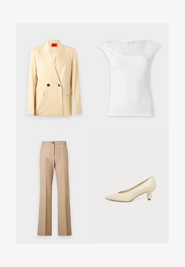 Blazer beige croisé à larges revers, deux boutons noirs, poches à rabat et étiquette intérieure rouge sur fond clair.; Haut blanc sans manches côtelé avec un col rond et de petites épaulettes, présenté sur un fond clair uni.; Pantalon beige à jambe droite avec pli avant, fermeture par bouton et passants pour ceinture, présenté sur un fond uni.; Chaussure femme couleur crème à bout pointu avec un petit talon rond en forme de boule, sur fond uni.