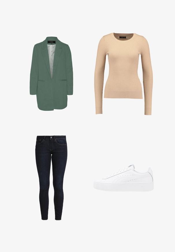 Grøn blazer med en skræddersyet pasform, enkelt spil, to forlommer og en stribet foring. Fremstillet af blødt, letvægtsstof.; Ribbet langærmet sweater i lys beige, lavet af strækbart stof. Har en rund halsudskæring og tætsiddende silhuet med ribbede manchetter.; Stramme jeans i mørkeblå denim med et klassisk fem-lomme-design, bæltesløjfer og knaplukning. Glat tekstur uden synlige mønstre.; Hvide platform sneakers med overdel i læder, rund tå og snørelukning. Har sidelufthuller og diskret branding på hælen.