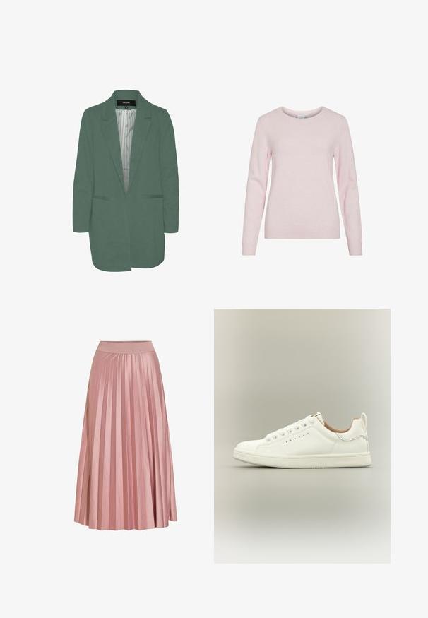 Grøn blazer med en skræddersyet pasform, enkelt spil, to forlommer og en stribet foring. Fremstillet af blødt, letvægtsstof.; Lyserød langærmet strikket sweater med rund halsudskæring og ribstrikkede manchetter og kant, vist på hvid baggrund.; Lyserød plisseret midi nederdel med en tætsiddende linning, flydende stof og lodrette folder for tekstur og bevægelse.; Hvid lav sneaker med snørebånd, perforerede sidedetaljer og en trækflap på hælen, sat mod en neutral baggrund.