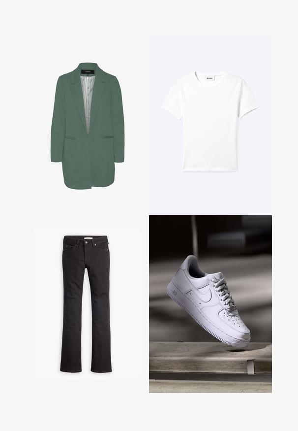 Grøn blazer med en skræddersyet pasform, enkelt spil, to forlommer og en stribet foring. Fremstillet af blødt, letvægtsstof.; Ensfarvet hvid t-shirt med korte ærmer og rund halsudskæring med en lille "WEEKDAY" label indeni halskanten, vist fladt på en lys baggrund.; Sorte jeans lavet af denim, med lige ben-design, standard talje, fem lommer og diskrete syninger.; Hvid Nike Air Force 1 sneaker svævende over en betonoverflade med skygger i et minimalistisk miljø.