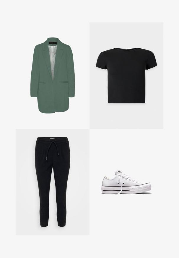Grøn blazer med en skræddersyet pasform, enkelt spil, to forlommer og en stribet foring. Fremstillet af blødt, letvægtsstof.; Sort kortærmet ribbet crop top med rund halsudskæring, vist på en ensfarvet lys baggrund.; Sorte corduroy bukser med snor i taljen, tapered ben og tekstureret overflade. Velegnet til afslappet brug.; Lavtop hvid lærredsneaker med hvide snørebånd, gummisål, sorte stribedetaljer og logo-patch på tungen og hælen.
