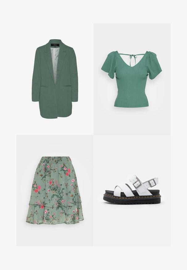 Grøn blazer med en skræddersyet pasform, enkelt spil, to forlommer og en stribet foring. Fremstillet af blødt, letvægtsstof.; ONLY ONLLEELO BACK - T-shirts print - bottle green; Vero Moda VMROSA SMOCK SKIRT - Mini skirts - laurel wreath; Hvide lædersandaler med justerbare spænder, lagdelt sort platformssål og orange syning langs kanten.