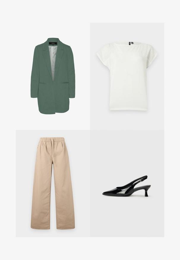Grøn blazer med en skræddersyet pasform, enkelt spil, to forlommer og en stribet foring. Fremstillet af blødt, letvægtsstof.; Hvid kortærmet bluse med øjennet blonder detaljer på øverste del af bryst og ærmer, rund halsudskæring, lagt fladt på lys baggrund.; Beige viddebukser med elastisk talje og snøre, lavet af glat stof, vist mod en ensfarvet lys baggrund.; Sorte patenterede slingback-sko med spidse tæer og lav blokhæl. Justerbar spænde-rem ved anklen.