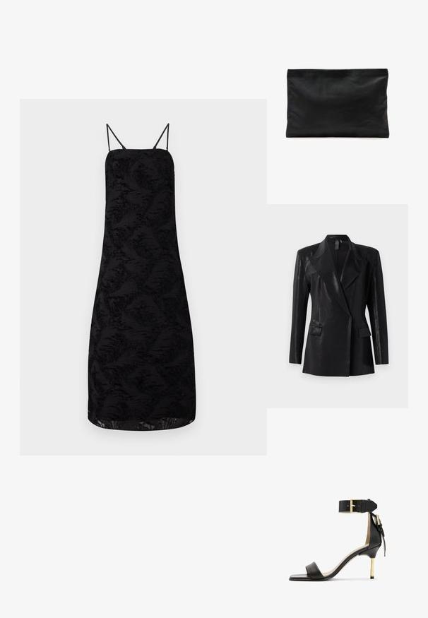 Schwarzer Blazer mit glänzender Oberfläche, ausgestattet mit einem Reverskragen, zwei Fronttaschen und einer figurbetonten Silhouette. Lange Ärmel vervollständigen das Design.; Schwarzes Kleid mit Spaghetti-Trägern, aus strukturiertem Stoff mit floralem Muster, knielanger Saum und gerader Silhouette.; Schwarze Leder-Absatzsandale mit quadrater Zehenform, Fesselriemen mit einer goldenen Schnalle und einem schlanken, metallischen Absatz. Glatte Textur, minimalistisches Design.; Schwarze, weiche Leder-Clutch in rechteckiger Form mit glatter Oberfläche und ohne sichtbare Beschläge oder Verschlüsse.