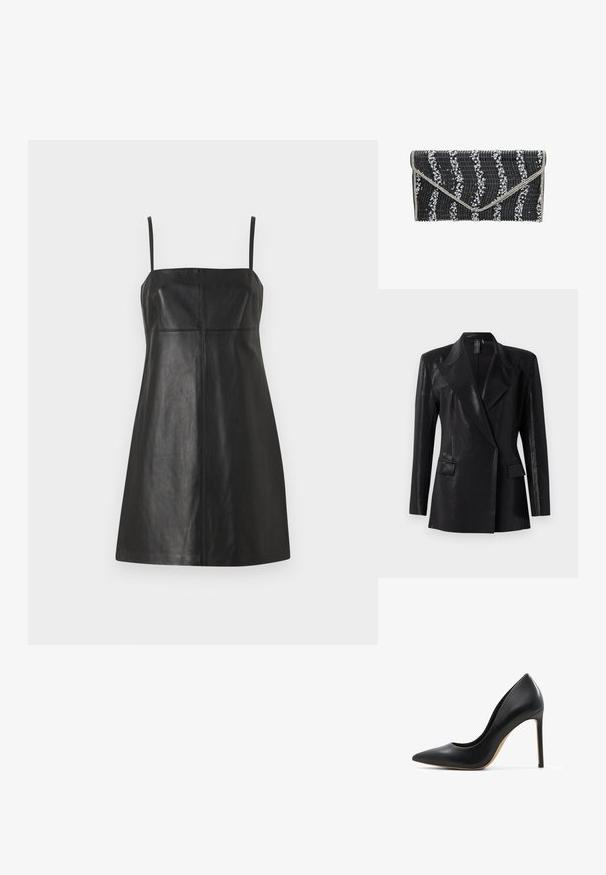 Sort blazer med en blank finish, der har en notch lapel, to frontlommer og en tætsiddende silhuet. Lange ærmer fuldender designet.; Sort læderkjole med tynde stropper, tætsiddende overdel og A-linjeform. Har vertikale sømme for struktur og en glat tekstur.; ALDO STESSY2.0 - Højhælede pumps - other black; Sort clutch med tekstureret overflade, der har bølge mønstre, pyntet med hvide rhinsten langs designet. Sølv hardware detajler.