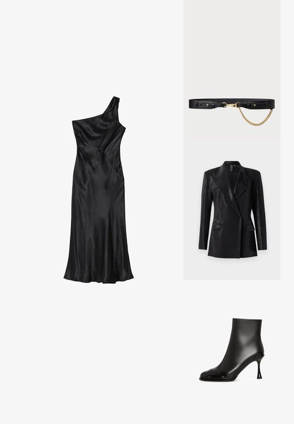 Zwarte blazer met een glanzende afwerking, voorzien van een geknipt revers, twee voorzakken en een getailleerd silhouet. Lange mouwen ronden het ontwerp af.; Een zwarte satijnen jurk met één schouder, een getailleerd lijfje en een uitlopende rok, met diagonale naden en een gladde textuur overal.; Zwarte enkelboots van soepel leer met een glanzende neus, met een taps toelopende hak en een strak, figuurvormend ontwerp.; Zwarte leren riem met een gouden metalen gesp en een decoratieve gouden kettingaccent. Heeft verstelbare gaatjes voor de prong en een gladde textuur.