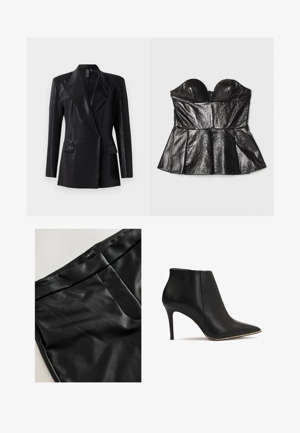 Sort blazer med en blank finish, der har en notch lapel, to frontlommer og en tætsiddende silhuet. Lange ærmer fuldender designet.; Sara Battaglia SWEETHEART - Top - black; Sorte bukser i kunstlæder med en glat tekstur, udstyret med en flad talje og en diskret sømdetalje på fronten. Brandmærket er synligt.; Sorte læderankelstøvler med spidse tåer, høje stilettohæle og guldaccent langs sålen. Glat tekstur og strømlinet design.