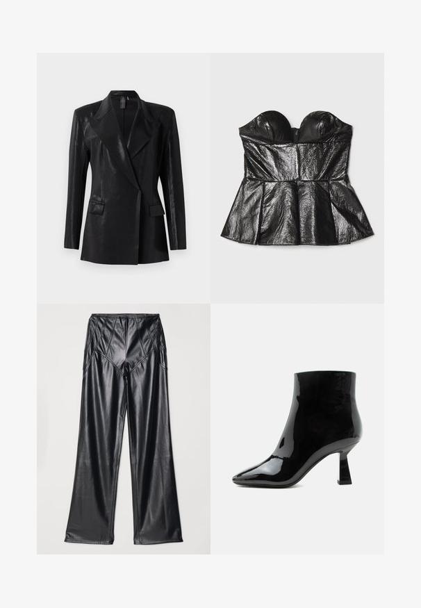 Čierny blazer s lesklým povrchom, s vykrojenou klopou, dvoma prednými vreckami a priliehavým strihom. Dlhé rukávy dotvárajú dizajn.; Sara Battaglia SWEETHEART - Top - black; Čierne nohavice z umelého kože s hladkou textúrou, širokými nohavicami a prešívaním pozdĺž pásu a strán. Prezentácia v nadhlade.; Čierna lesklá lakovaná kožená členková obuv s špicatou špičkou a rozšíreným stredne vysokým podpätkom na bielom pozadí.