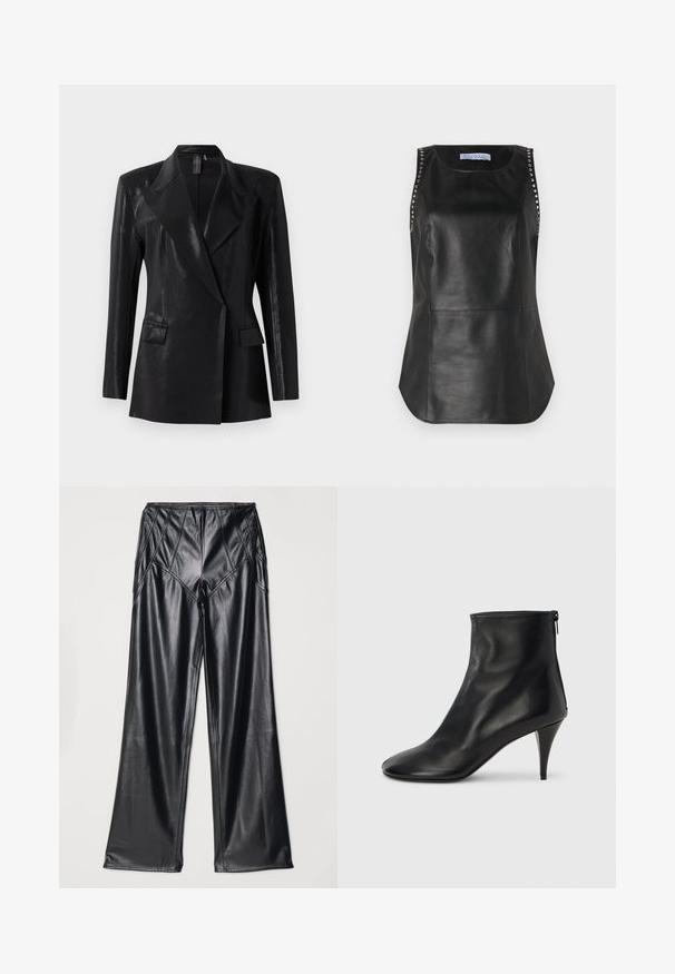 Zwarte blazer met een glanzende afwerking, voorzien van een geknipt revers, twee voorzakken en een getailleerd silhouet. Lange mouwen ronden het ontwerp af.; Zwarte leren mouwloze top met een gladde textuur, voorzien van metalen studs langs de schouders en een afgeronde zoom.; Zwarte neplederen broek met een gladde textuur, wijde pijpen en gestikte details langs de taille en zijkanten. Plat liggende presentatie.; Zwarte leren enkellaarsjes met een gladde textuur, spitse neus en een slanke stilettohak. Voorzien van een ritssluiting aan de zijkant voor gemakkelijk aan- en uittrekken.