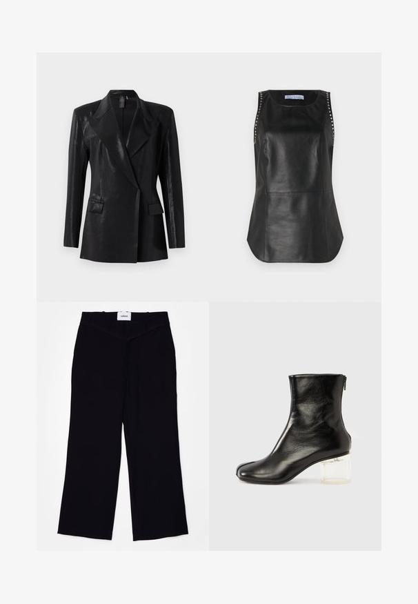 Sort blazer med en blank finish, der har en notch lapel, to frontlommer og en tætsiddende silhuet. Lange ærmer fuldender designet.; Sort læderærmeløs top med en glat tekstur, der har metalnitter langs skuldrene og en rund kant.; Sorte brede bukser lavet af et glat stof. Har en flad talje med bælteløkker og en ren finish ved kanterne.; Sort ankelstøvle i læder med rundet tå og klar blokhæl. Har lynlås i siden og en glat mat finish.