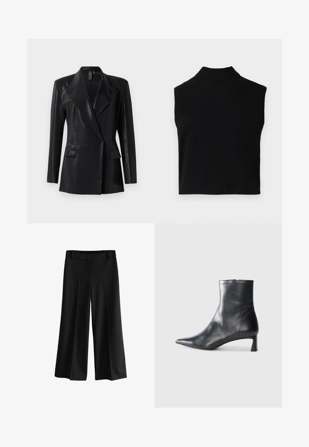 Sort blazer med en blank finish, der har en notch lapel, to frontlommer og en tætsiddende silhuet. Lange ærmer fuldender designet.; Sort ærmeløs turtleneck-top med en tætsiddende pasform, lavet af blødt stof, med en ribbet halsudskæring og en glat overflade.; Sorte brede bukser med en glat stofkvalitet, der har høj talje, folder og et skrædder-agtigt design. Ingen synligt hardware eller mønstre.; Sort læder ankelstøvle med spids tå og et strømlinet design. Har en lav hæl og en lynlås lukning bagpå. Glat tekstur.