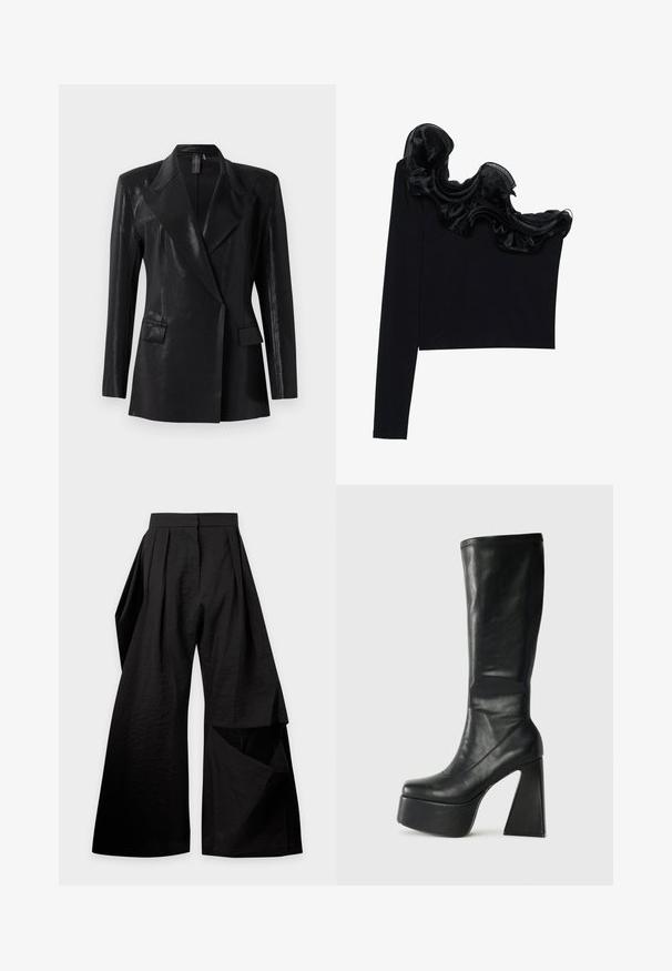 Sort blazer med en blank finish, der har en notch lapel, to frontlommer og en tætsiddende silhuet. Lange ærmer fuldender designet.; Sort en-skulder top med et rynket, gennemsigtigt overlay langs halsudskæringen, lavet af letvægtsstof med en glat tekstur.; Sort viddebukser med læg ved taljen og et overlappende stofstykke på højre ben.; Sorte læder knæhøje støvler med en chunky platform og geometrisk høj hæl. Glat tekstur med syede detaljer ved den øverste kant.