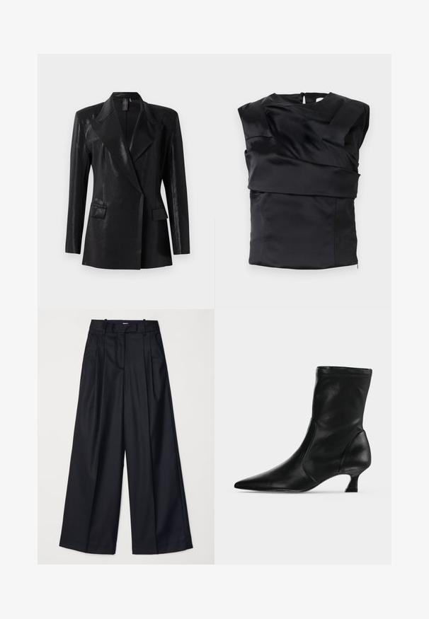 Sort blazer med en blank finish, der har en notch lapel, to frontlommer og en tætsiddende silhuet. Lange ærmer fuldender designet.; Sort satin top med en struktureret design, brede skuldre og en asymmetrisk frontpanel, lukket med en lynlås i ryggen.; Sorte breddebenede bukser lavet af glat stof, med høj talje, læg og skræddersyet design. Enkel sort hardware i talje.; Sort læderstøvle til midt på læggen med spids tå og lav kittenhæl, vist fra siden på en ensartet lys baggrund.