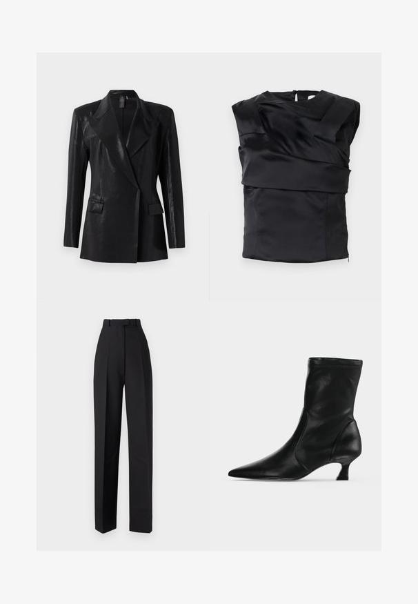Blazer negro con acabado brillante, que presenta un cuello de muesca, dos bolsillos frontales y una silueta ajustada. Las mangas largas completan el diseño.; Top de satén negro con un diseño estructurado, hombros anchos y un panel frontal asimétrico, cerrado con una cremallera en la parte posterior.; Pantalones negros de talle alto con pliegues, que presentan un diseño a medida y piernas rectas. Confeccionados con un tejido suave, con un detalle mínimo.; Bota negra de cuero hasta media pantorrilla con puntera puntiaguda y tacón bajo tipo kitten, vista de lado sobre un fondo claro y liso.
