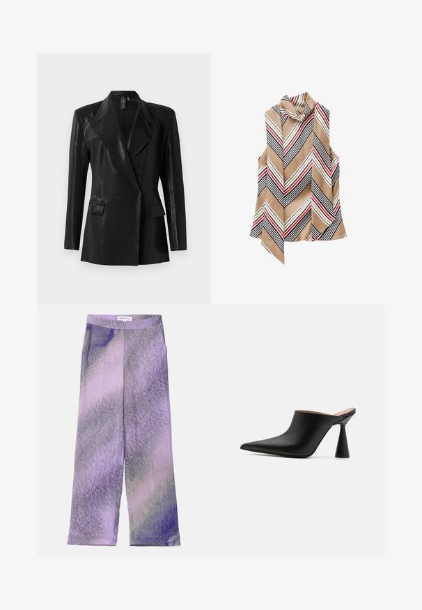 Schwarzer Blazer mit glänzender Oberfläche, ausgestattet mit einem Reverskragen, zwei Fronttaschen und einer figurbetonten Silhouette. Lange Ärmel vervollständigen das Design.; Ärmelloses beiges Oberteil mit hohem Kragen und diagonalen Streifen in Schwarz, Weiß und Rot, mit asymmetrischem Saum.; Weite Hose aus leichtem Gewebe, mit einem Farbverlaufsmuster in Lila und Lavendel sowie subtiler Textur. Mit Knopf verschlossener Bund.; Schwarze Leder-Mules mit spitzem Zehenbereich und einzigartigem kegelförmigem Absatz. Glatte Textur und minimalistisches Design, offener Rücken für einfaches Anziehen.