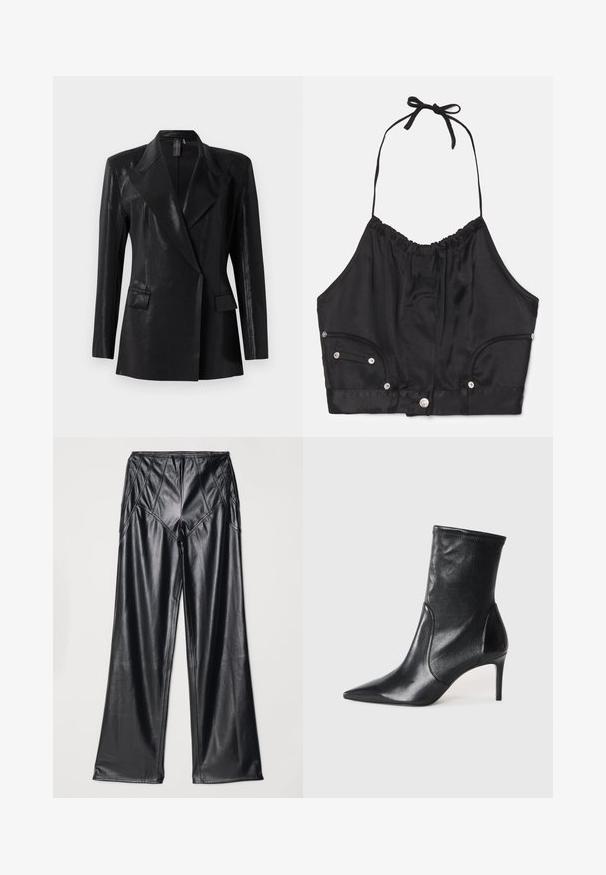 Čierny blazer s lesklým povrchom, s vykrojenou klopou, dvoma prednými vreckami a priliehavým strihom. Dlhé rukávy dotvárajú dizajn.; Čierny saténový halter crop top s vrúbkovou textúrou, nastaviteľnou šnúrkou na krku, prednými gombíkmi a dvoma bočnými vreckami so striebornými kovovými akcentmi.; Čierne nohavice z umelého kože s hladkou textúrou, širokými nohavicami a prešívaním pozdĺž pásu a strán. Prezentácia v nadhlade.; Čierne kotníkové topánky vyrobené z hladkej kože, s špicatou špičkou, priliehavým zvrškom aúzkym vysokým podpätkom. Minimalistický dizajn bez viditeľného kovania.