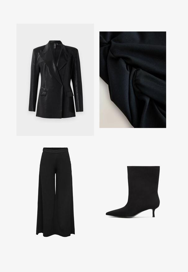 Schwarzer Blazer mit glänzender Oberfläche, ausgestattet mit einem Reverskragen, zwei Fronttaschen und einer figurbetonten Silhouette. Lange Ärmel vervollständigen das Design.; Schwarzer Stoff mit sichtbarer Textur und Falten, die weiche Schatten und Lichtreflexe auf einer hellen Oberfläche erzeugen.; Schwarze weit geschnittene Hose mit elastischem Bund, aus glattem Material, mit Seitentaschen und lockerer Passform für Komfort.; Schwarze Wildleder-Ankle-Boots mit spitzem Zeh und niedrigem Kitten-Absatz. Glatte Textur und minimalistisches Design ohne auffällige Muster oder Akzente.