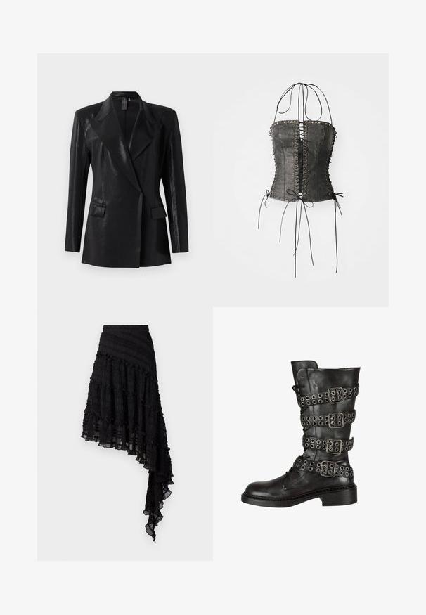 Zwarte blazer met een glanzende afwerking, voorzien van een geknipt revers, twee voorzakken en een getailleerd silhouet. Lange mouwen ronden het ontwerp af.; Jaded London LONGLINE LACE UP HALTER CORSET - Top - black; Zwarte asymmetrische rok met textuurplooien, gelaagde ruches en een smocktailleband. Lichtgewicht stof met een doorschijnende afwerking.; Zwarte leren kniehoge laars met meerdere zilveren gespen en ogen, met een ronde neus en een lage blokhak. Gelaagde afwerking.
