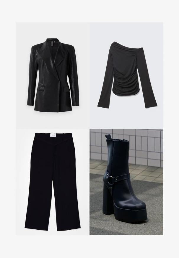 Sort blazer med en blank finish, der har en notch lapel, to frontlommer og en tætsiddende silhuet. Lange ærmer fuldender designet.; Sort langærmet top med asymmetrisk off-shoulder halsudskæring og rynkede detaljer på siderne og foran.; Sorte brede bukser lavet af et glat stof. Har en flad talje med bælteløkker og en ren finish ved kanterne.; Sort læder plateauankelstøvle med chunky høj hæl og dekorativ rem, placeret på grå fortov mod flisebelagt væg baggrund.