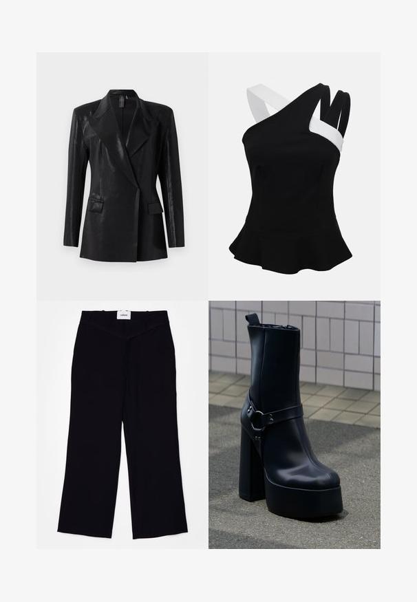Zwarte blazer met een glanzende afwerking, voorzien van een geknipt revers, twee voorzakken en een getailleerd silhouet. Lange mouwen ronden het ontwerp af.; Zwarte mouwloze peplumtop met asymmetrische halslijn en contrasterende witte en zwarte schouderbandjes op een effen achtergrond.; Zwarte wijde broek in een gladde stof. Voorzien van een platte tailleband met riemlussen en een nette afwerking bij de zoom.; Zwarte leren enkellaars met plateauzool, stevige hoge hak en decoratieve band, geplaatst op grijze bestrating tegen een achtergrond van betegelde muur.