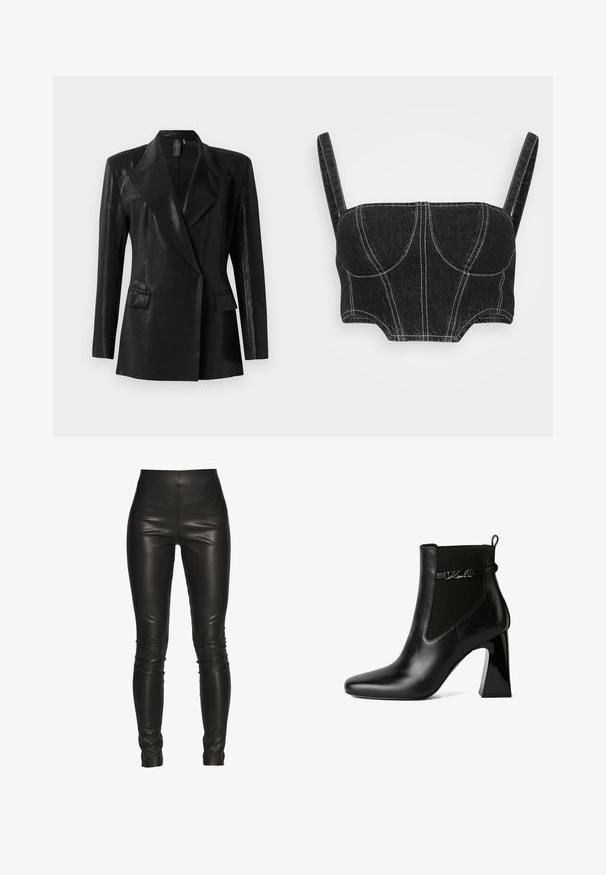 Sort blazer med en blank finish, der har en notch lapel, to frontlommer og en tætsiddende silhuet. Lange ærmer fuldender designet.; Sort denim crop top med tynde stropper, der har hvid syning, struktureret korpus og buede sømme. Glat tekstur og tætsiddende design.; Svarte læder leggings med høj talje, slank pasform, glat tekstur og uden synlige sømme eller hardware detaljer.; KARL LAGERFELD ASTRA NOVA GORE - Højhælede støvletter - black lthr