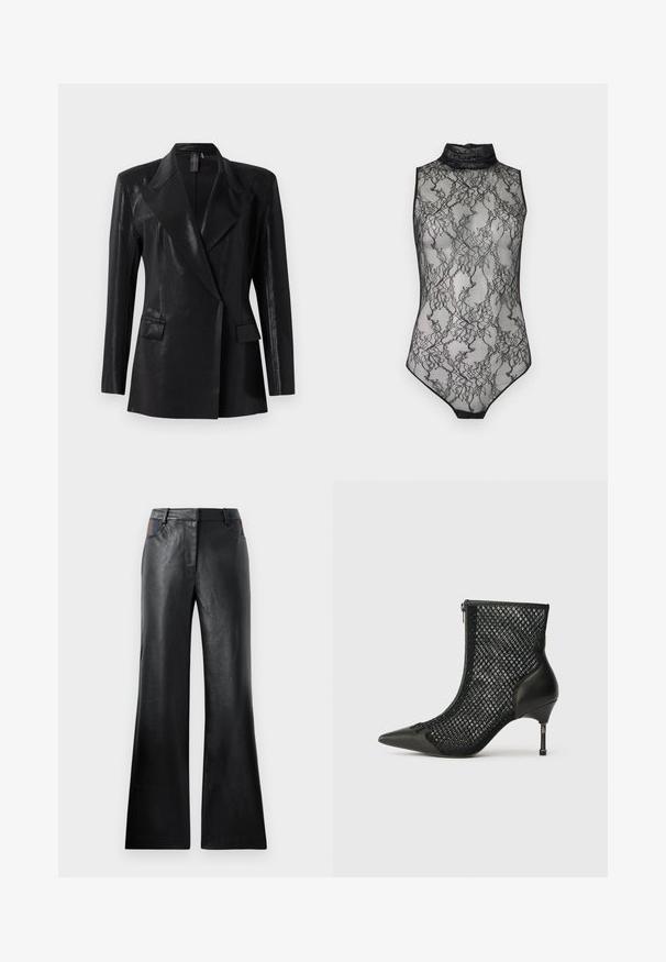 Schwarzer Blazer mit glänzender Oberfläche, ausgestattet mit einem Reverskragen, zwei Fronttaschen und einer figurbetonten Silhouette. Lange Ärmel vervollständigen das Design.; Ärmelloser schwarzer Spitzen-Body mit hohem Kragen, Blumenmuster und Druckknöpfen im Schritt vor weißem Hintergrund.; Schwarze, ausgestellte Lederhosen mit glatter Textur, die zwei Vordertaschen mit schwarzen und braunen Akzenten in der Taille aufweisen.; Schwarze Stiefelette mit spitzem Zeh, Netzseiten, Lederfersenstütze und einem schlanken Stiletto-Absatz mit einem geometrischen metallischen Detail.