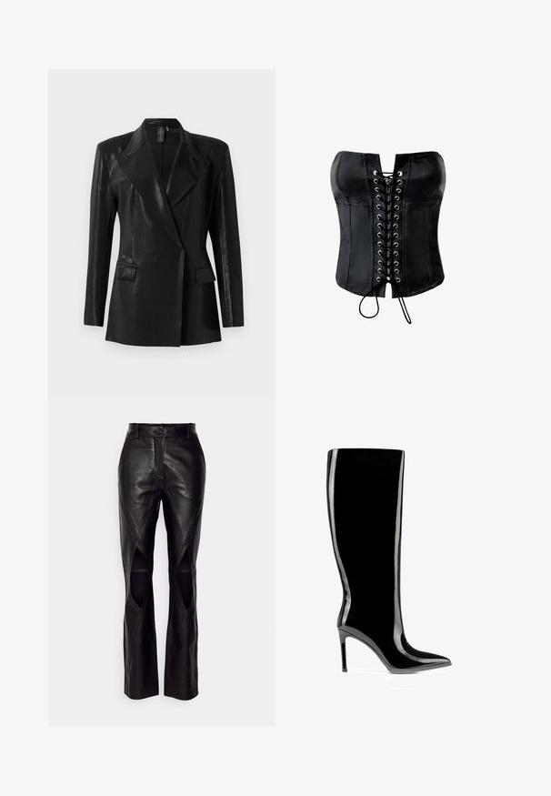Schwarzer Blazer mit glänzender Oberfläche, ausgestattet mit einem Reverskragen, zwei Fronttaschen und einer figurbetonten Silhouette. Lange Ärmel vervollständigen das Design.; Schwarzes Satin-Korsett mit strukturierter Form, vorderer Schnürung mit silbernen Ösen und glattem Finish. Mit geradem, trägerlosem Ausschnitt.; Schwarze Lederhosen mit einer körpernahen Passform, die diagonale Nähte und Ausschnitte an den Seiten aufweisen. Gerade Beine mit einem Knopfverschluss an der Taille.; Schwarzer kniehoher Stiefel aus Lackleder mit spitzer Zehenpartie und Stilettabsatz, schlanker und glänzender Oberfläche.