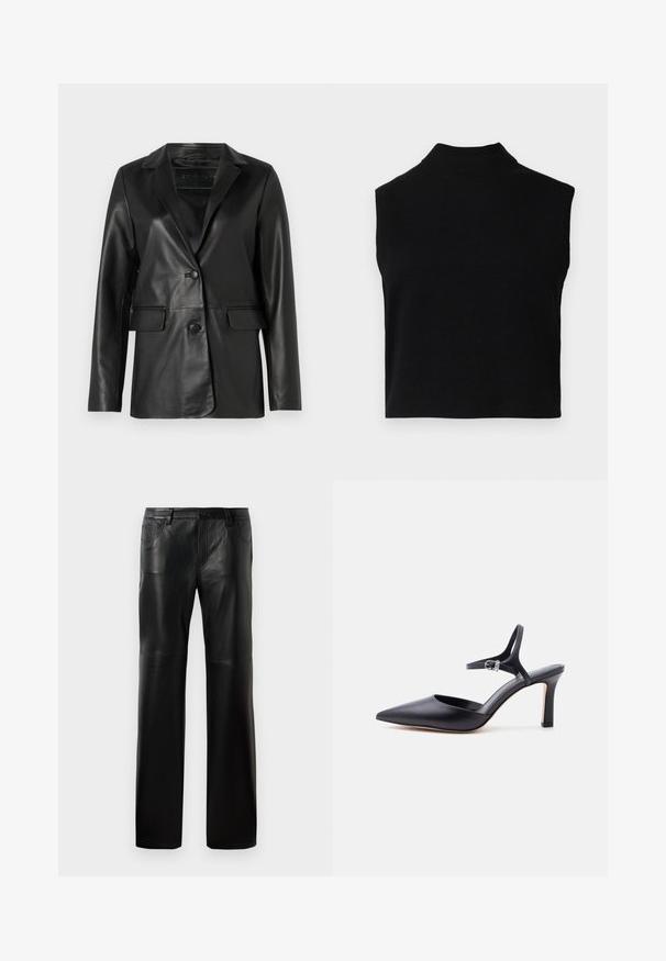 Blazer en cuir noir avec une coupe ajustée, revers crantés, fermeture à un bouton, deux poches avant et une texture lisse et brillante.; Haut noir sans manches avec col roulé, au design ajusté, fabriqué en tissu doux, avec un col côtelé et une texture lisse.; Pantalons en cuir noir avec une coupe droite, dotés d'une taille à boutons, de cinq poches et de coutures visibles le long des coutures.; Escarpin noir à bout pointu avec fine bride à la cheville et boucle argentée, finition en cuir lisse, chaussure élégante pour femme.