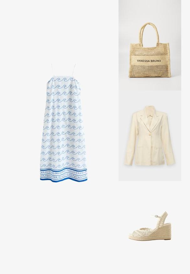 Faithfull the brand SOLEIL - Bleiseri - sand; Valkoinen hihaton mekko, jossa ohuet olkaimet, sinisiä aaltokuvioita kauttaaltaan ja kreikkalaisten saarten nimiä helman kohdalla.; Beige kudottu kiilasandaali nilkkaremillä ja avoimella varpaalla, jossa punottu juuttipohja ja monimutkainen lenkkimäinen päällinen.; Beige kudottu käsilaukku, jossa on kaksi kahvaa ja "VANESSA BRUNO" mustana painettuna kiinteälle kudotulle paneelille keskellä.