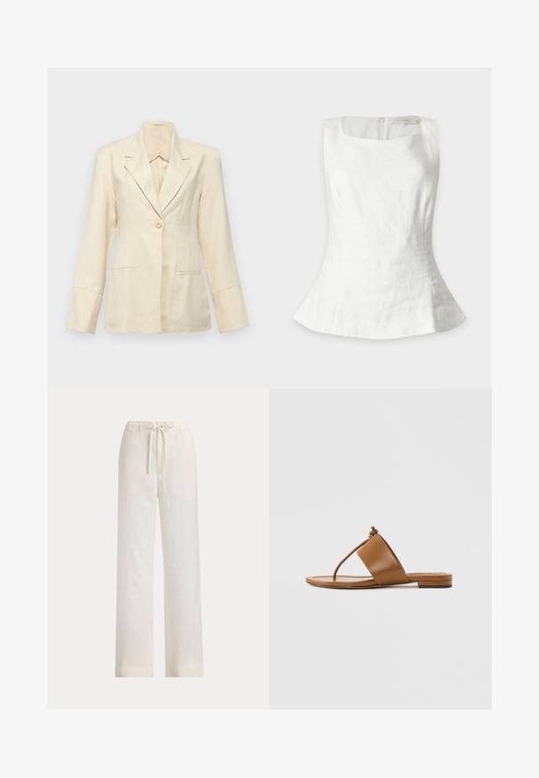 Faithfull the brand SOLEIL - Blazer - sand; Top blanco sin mangas ajustado con escote redondo y ligero vuelo en el dobladillo, mostrado plano sobre un fondo claro.; Pantalones blancos de corte ancho con cintura elástica y cordón, mostrados sobre un fondo liso.; Sandalia plana marrón con una tira ancha y una tira fina tipo tanga con un nudo en la parte superior, sobre un fondo liso de color gris claro.