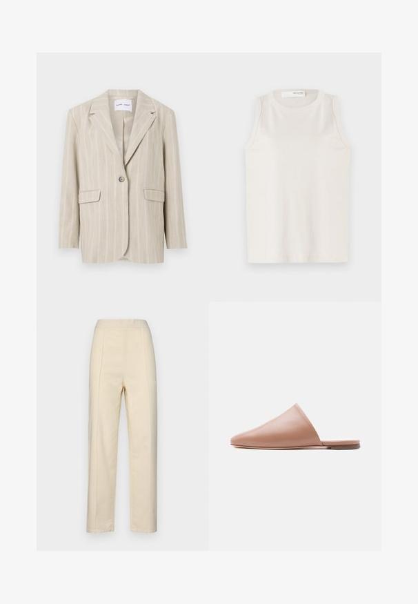 Beige stribet blazer med en enkelt knaplukning, skrå lapeller og to forlommer. Fremstillet af letvægtsstof med en glat tekstur.; Hvid ærmeløs top lavet af blødt, glat stof. Har en rund halsudskæring og et enkelt design uden udsmykning eller mønstre.; Cremefarvede, lige ben bukser lavet af bomuld, med frontfolder, en glat overflade og en talje uden synligt hardware.; Beige læder mule uden hæl med spids tå og flad sål, vist i sideprofil på en ensartet lys baggrund.