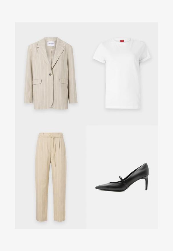 Beige stribet blazer med en enkelt knaplukning, skrå lapeller og to forlommer. Fremstillet af letvægtsstof med en glat tekstur.; Hvid kortærmet t-shirt lavet af letvægts bomuld. Har en rund halsudskæring og rullede ærmer. Rød logoetiket på kraven.; Beige stribede bukser med en afslappet pasform, der har en indsnævret talje, knaplukning og bælte med slipseanordning, lavet af letvægtsstof.; Sort læderspids højhælede sko med tynd rem og spænde over vristen, stående på en neutral lys baggrund.
