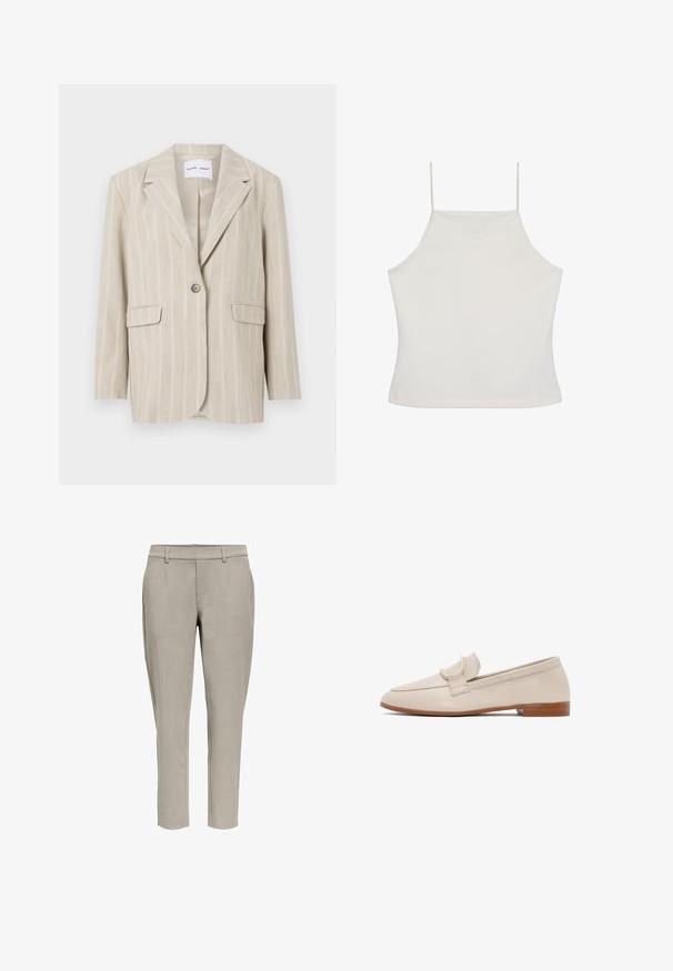 Blazer rayé beige avec une fermeture à un seul bouton, des revers crantés et deux poches avant. Fabriqué à partir d'un tissu léger avec une texture lisse.; Crop top blanc sans manches avec fines bretelles et logo "cK" subtil brodé sur la poitrine, fond uni.; Pantalon gris clair coupe slim avec passants de ceinture, poches latérales et coupe droite, sur fond blanc.; Mocassin en cuir beige avec un petit talon empilé marron et un détail de bride sur le dessus, présenté en vue latérale sur fond blanc.