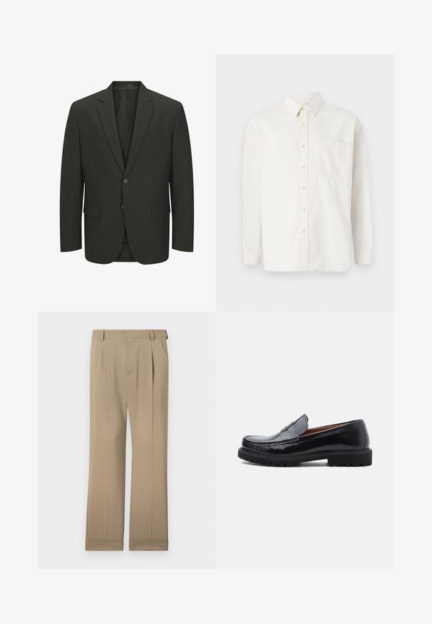 Veste de costume pour homme vert olive foncé à deux boutons, avec revers en encoche, poches à rabat et poche poitrine passepoilée, vue de face.; Chemise blanche à manches longues en mélange de coton, avec un col boutonné, des boutons jaunes et une poche poitrine unique. Coupe classique.; Pantalon beige en tissu léger, avec une coupe droite, des plis doubles et des ourlets roulés pour un ajustement décontracté.; Mocassin penny en cuir noir avec semelle en caoutchouc épaisse et couture moc toe, montré de profil sur un fond blanc.