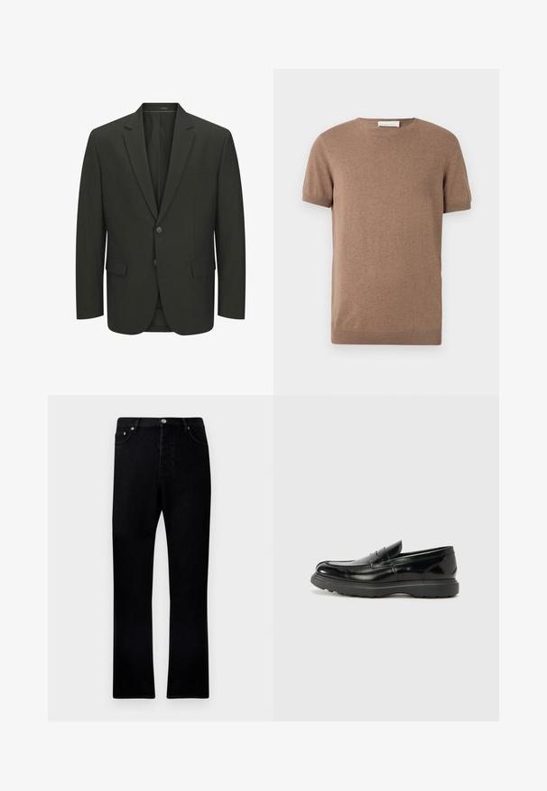 Veste de costume pour homme vert olive foncé à deux boutons, avec revers en encoche, poches à rabat et poche poitrine passepoilée, vue de face.; Pull marron à manches courtes en maille avec ourlets côtelés et col rond, présenté sur un fond blanc.; Jean en denim noir avec une coupe droite, un design à cinq poches et des détails en métal à l'avant. Tissu texturé avec une finition lisse.; Mocassin en cuir noir avec une finition brillante, bout arrondi, détails de couture subtils et semelle en caoutchouc épaisse pour la durabilité.