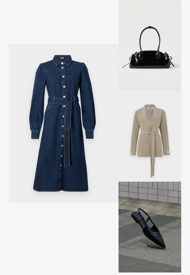 Beige pinstripe blazer med sjalkrave, en enkelt lomme og et bundet bælte i taljen. Blødt stof med en glat tekstur.; Mørkeblå denimkjole med lange ærmer, knaplukning foran, krave og et matchende bælte i taljen; har subtile syninger og lommer.; Sort slingback-flad sko med spids tå, svævende over en asfaltflade ved siden af en flisebelagt fortov.; Lille sort blank håndtaske med to lange håndtag og snøre-detaljer i siden på en ensfarvet lys baggrund.