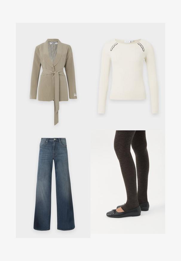 Beige pinstripe blazer med sjalkrave, en enkelt lomme og et bundet bælte i taljen. Blødt stof med en glat tekstur.; Ribbede langærmede top i off-white med en rund hals og kontrastfarvede sorte detaljer på skuldrene. Strikket tekstur, tætsiddende design.; Bredde denim jeans i mørkeblå, med en slidteknik, knaplukning og fem-lomme stil. Glat tekstur, minimal syning detaljer.; Ben iført mørke ribbede leggings kombineret med sorte balletsko med små sløjfedetaljer på hvid baggrund.