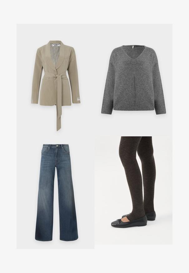 Beige pinstripe blazer med sjalkrave, en enkelt lomme og et bundet bælte i taljen. Blødt stof med en glat tekstur.; Grå V-hals sweater med lange ærmer, lavet af blødt materiale. Har ribbet detaljering ved handsker og kant, med en løs og afslappet pasform.; Bredde denim jeans i mørkeblå, med en slidteknik, knaplukning og fem-lomme stil. Glat tekstur, minimal syning detaljer.; Ben iført mørke ribbede leggings kombineret med sorte balletsko med små sløjfedetaljer på hvid baggrund.