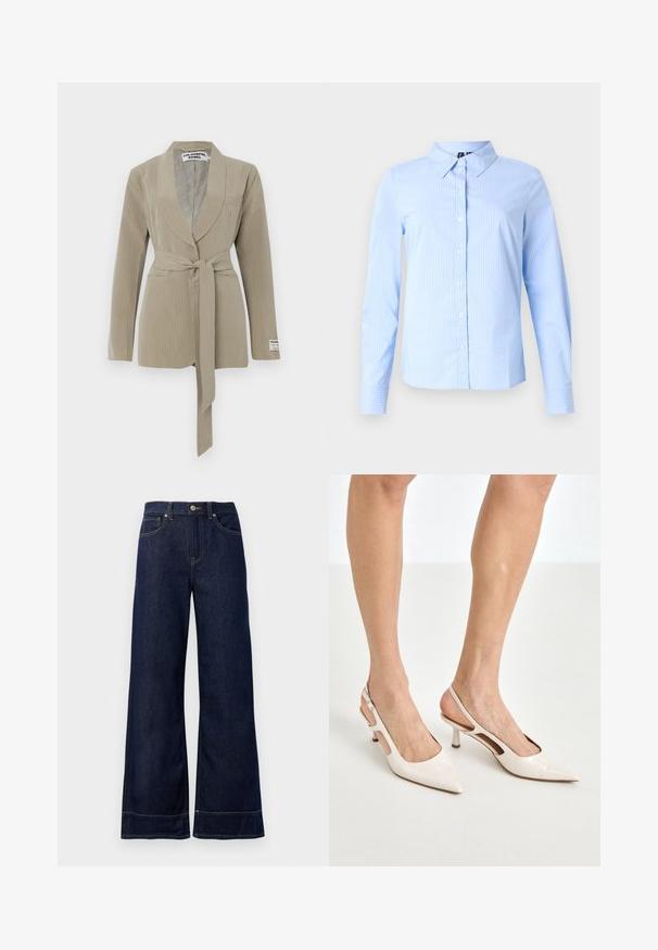 Beige pinstripe blazer med sjalkrave, en enkelt lomme og et bundet bælte i taljen. Blødt stof med en glat tekstur.; Lyseblå skjorte med lange ærmer, diskrete hvide striber og spidse kraver, vist på en ensfarvet baggrund.; Mørkeblå brede jeans lavet af denim. Har en knaplukning, stikninger og sidelommer. Udfoldet nederste kant.; Beige patenterede læder slingback hæle med spids tå og 5 cm hæl, med udskårne sider og en tynd ankelrem.