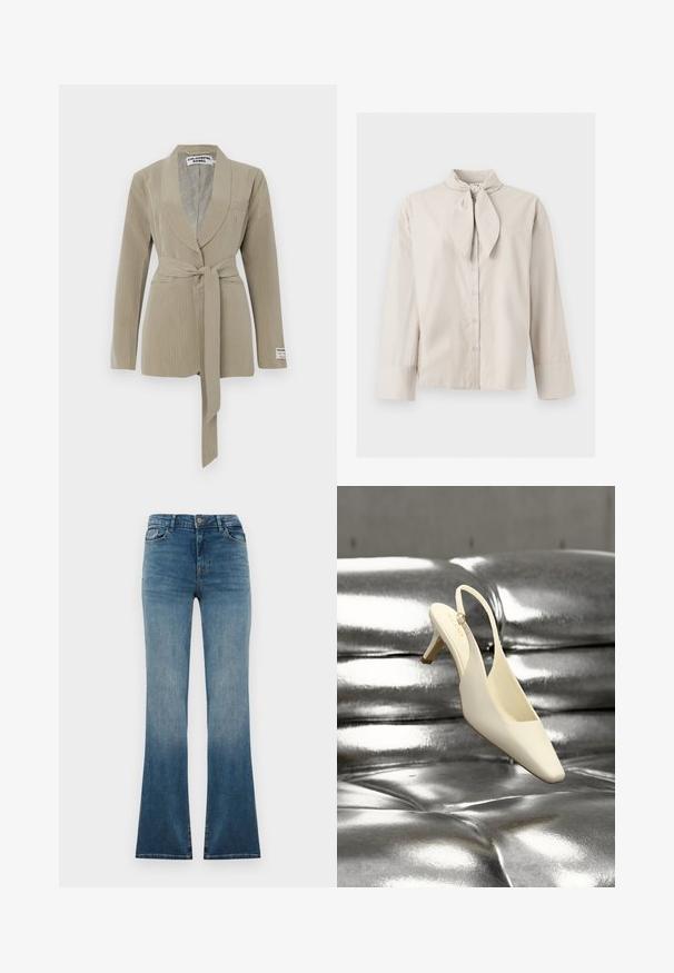 Beige pinstripe bleiser, millel šaalikaelus, üks tasku ja vöö talje ümber. Pehme kangas sileda tekstuuriga.; Beežika värvi pikkade varrukatega nööpidega pluus, millel on kaelal lipsu detail ja laiad varrukasäärised, esitatud lihtsal heledal taustal.; Sinise denimeast flared teksad, millel on gradueeruv fade tumedast heledaks. Uuendatud traditsioonilise vöökoha, viie tasku ja esi-nupuga kinnitusega.; Kreemjas slingback-stiilis kassikandaga king ruudukujulise ninaosaga, mis toetub läikivale hõbedasele tuftitud nahkpinnale.